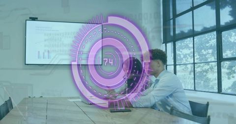 Business team collaborating with digital hud analytics overlay during boardroom presentation
