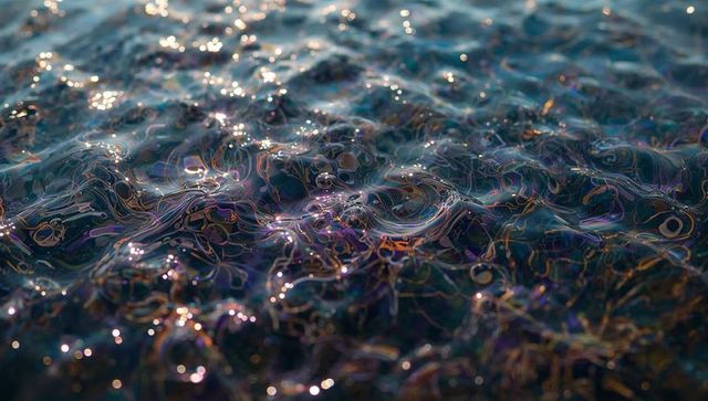 Iridescent water surface glimmering with micro-waves, rainbow reflections and bokeh