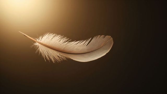 Floating beige feather with fine barbs and down on warm gradient background
