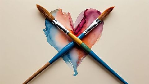 Colorful watercolor heart with crossed brushes on canvas
