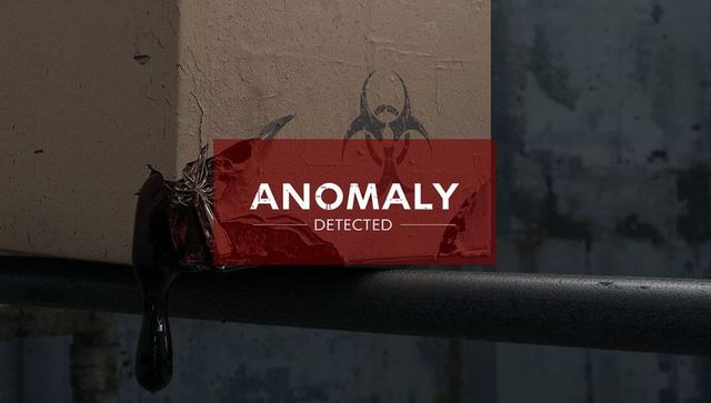 Leaking biohazard container seeping black tar on metal rail with anomaly detected alert