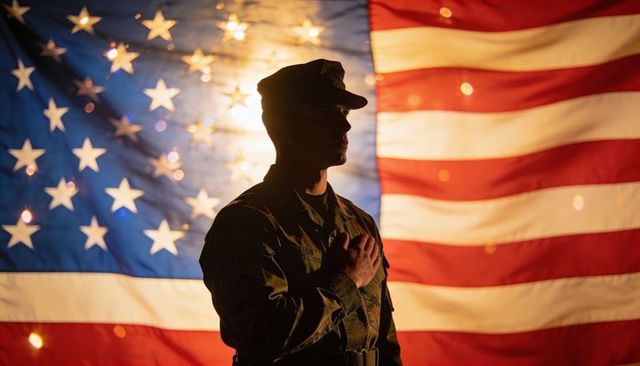 Silhouetted Soldier Saluting Before US Flag Backlit with Bokeh Lights, Patriotic
