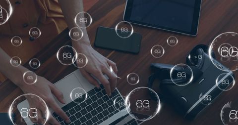 6G Technology Vision with Woman Typing on Laptop