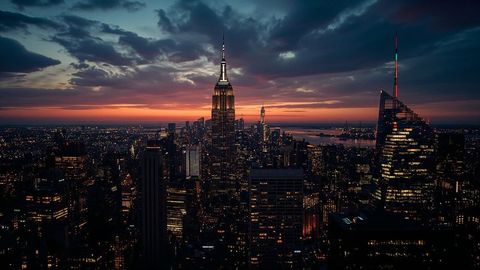 Empire State Building Illuminated at Dusk in Manhattan Skyline