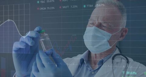 Senior doctor inspecting vial with data overlays for clinical research and diagnostics