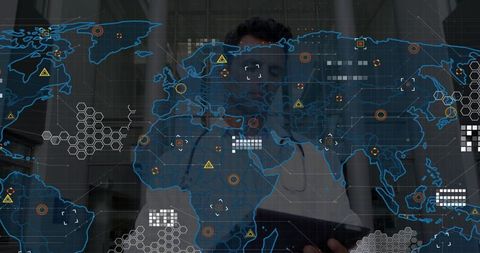 Doctor Reviewing Tablet Data with Futuristic Digital World Overlay