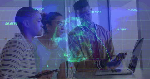 Diverse Team Analyzing Data with Digital World Interface