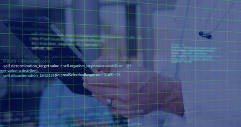 Technologist using tablet with futuristic code overlay