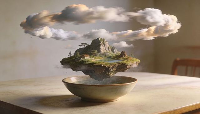Floating miniature island hovering above ceramic bowl with cottage, pond and mist halo