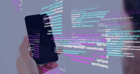 Developer holding smartphone with floating code overlay, futuristic digital interface