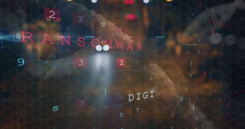 Ransomware holographic overlay on hex grid with neon dataflow for cybersecurity concept