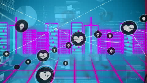 Futuristic Digital Network with Cityscape and Icons