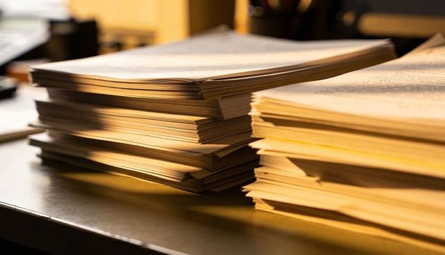 Warm golden light illuminating stacked unbound documents on office desk closeup texture