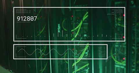 Datacenter server racks showing HUD overlay with network analytics and green cabling