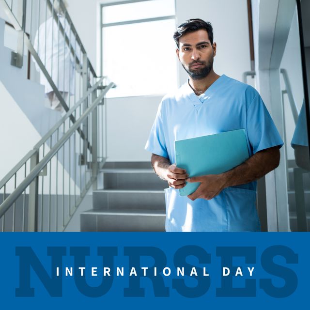 International Nurses Day: Asian Male Nurse Holding Report on Staircase - Download Free Stock Templates Pikwizard.com