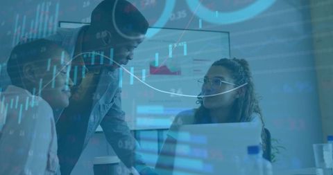 Team Collaborating on Financial Analysis with Data Visualization Overlays