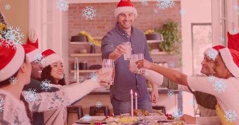 Diverse Friends Celebrating Christmas with Santa Hats