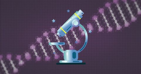 Microscope Icon Over DNA Strand on Purple Background