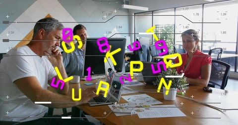Team collaborating with floating hud data overlay and animated letter visualization in office