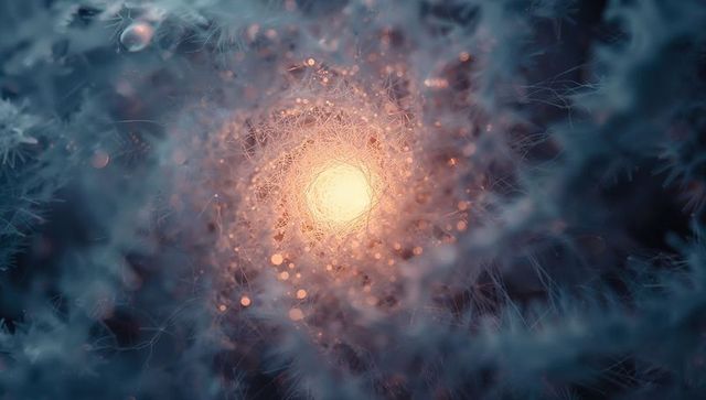 Luminous Frost Spiral with Warm Glowing Core, Filament Texture and Sparkling Bokeh
