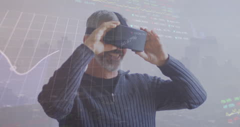 Man Experiencing Financial Data Visualization with VR Headset