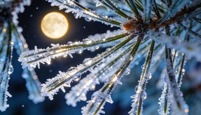 Moonlit frost on pine needles with glistening ice droplets macro, winter night bokeh