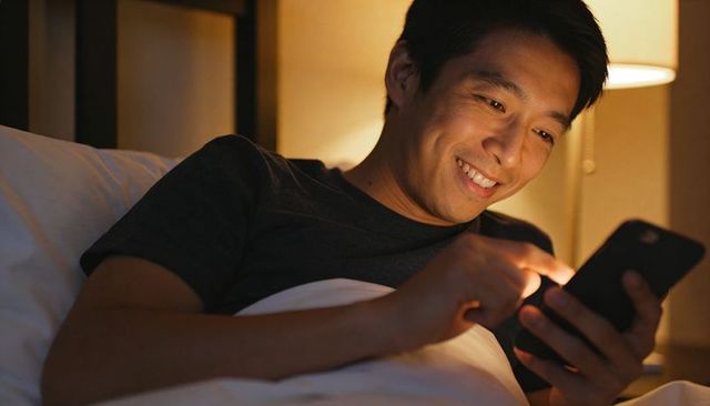 Man smiling while scrolling smartphone in bed at night with warm bedside lamp glow, cozy