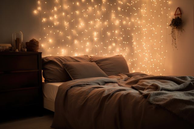Bedroom decorated with strings of fairy lights, created using generative ai technology. Lighting, interior design and home decor concept digitally generated image.