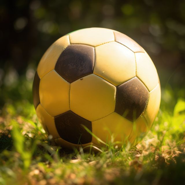 Close up of white and black football in grass, created using generative ai technology. Football, sports and competition concept digitally generated image.
