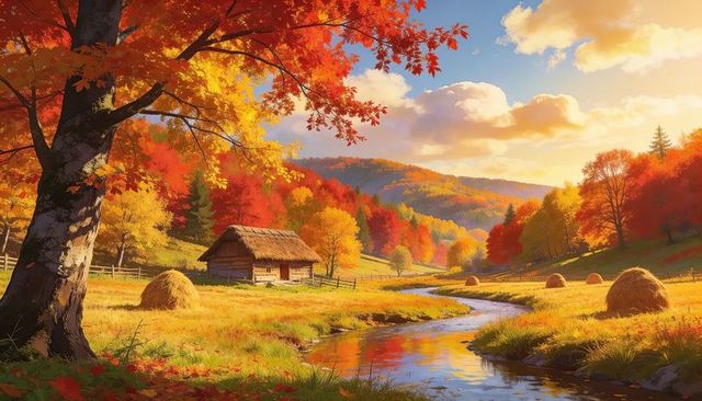 Autumn valley showcasing rustic cabin beside meandering stream at golden sunset
