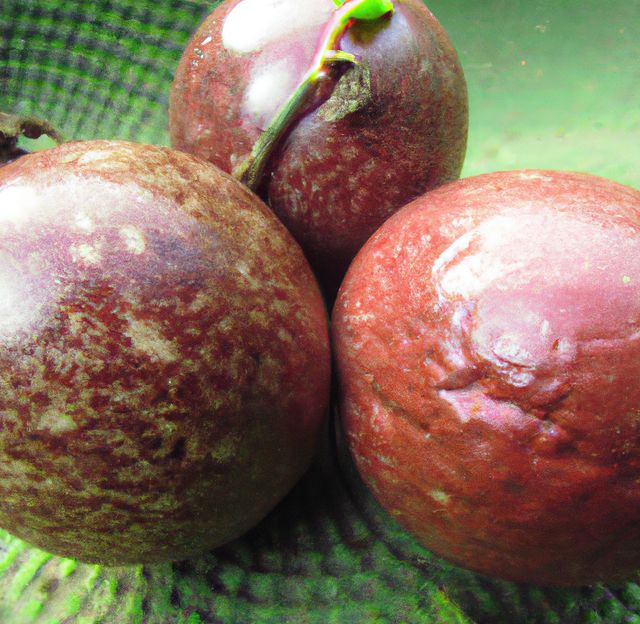 Three ripe passion fruits resting close together, highlighting texture and natural color. Suitable for use in culinary blogs, health and nutrition websites, and agricultural marketing materials. Can also be used in food packaging or menus showcasing exotic fruits and fresh produce.