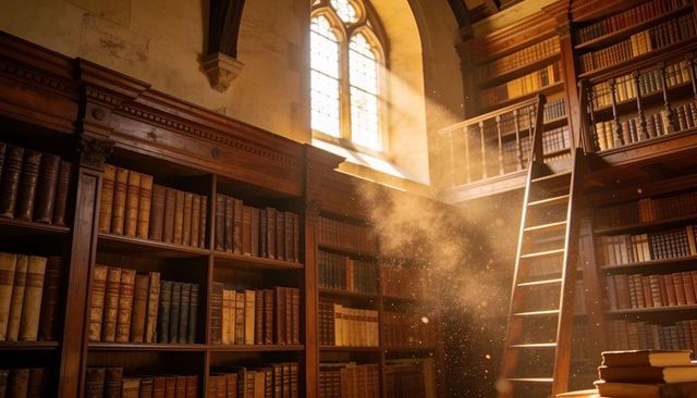 Sunlight streaming through stained glass illuminating wooden ladder and antique bookshelves
