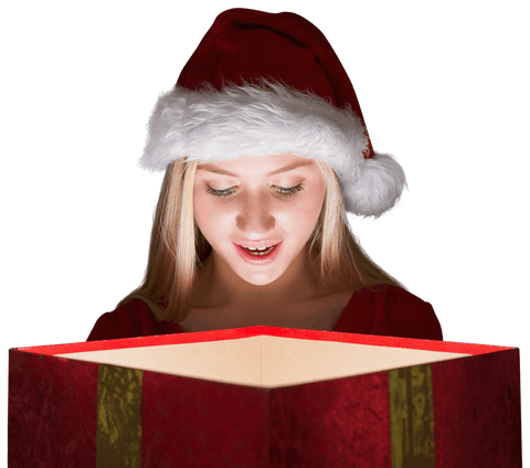Transparent Holiday Cheer Closeup: Excited Woman Opening Gift Box