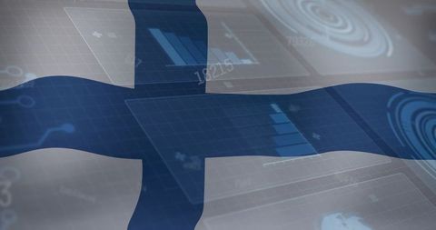 Waving finnish cross overlaying futuristic digital hud with charts, radar and data panels