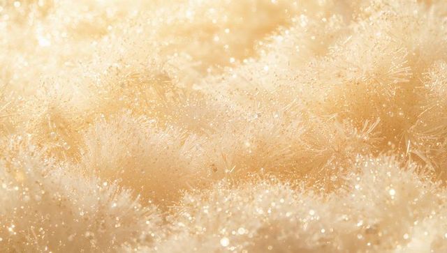 Golden needle frost crystals macro closeup with sparkling bokeh and backlit glow