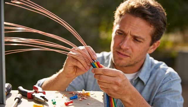 Electrician preparing stripped copper wires at outdoor workbench close-up