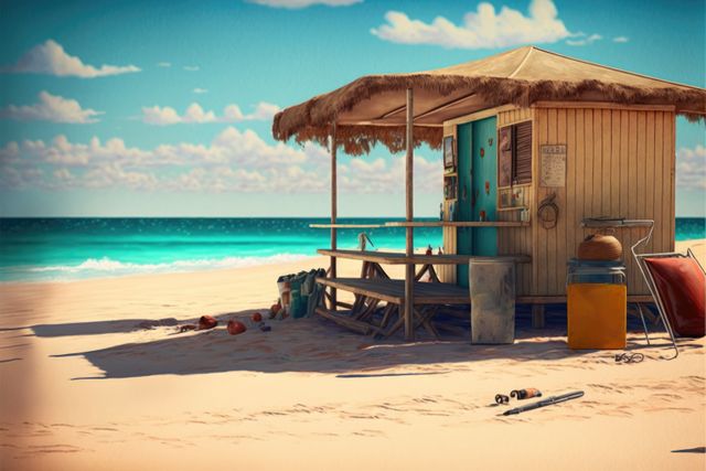 Rustic beach shack standing on a sandy shore under sunny skies. Ocean waves peacefully lap at the shoreline while a few items like chairs and containers are scattered around. Ideal for themes emphasizing summer vacations, tranquil tropical escapes, or seaside lifestyles.