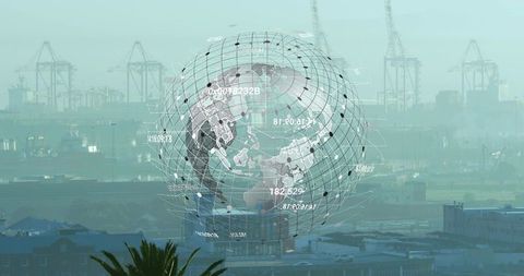 Hovering digital globe over misty harbor visualizing global maritime data and logistics network