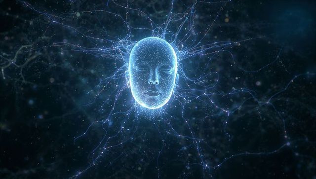 Glowing neural face floating in neural network, abstract ai digital consciousness concept