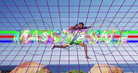 Leaping Athlete in Green Shorts Over Coast with Neon MASSIVE SALE HUD and Grid