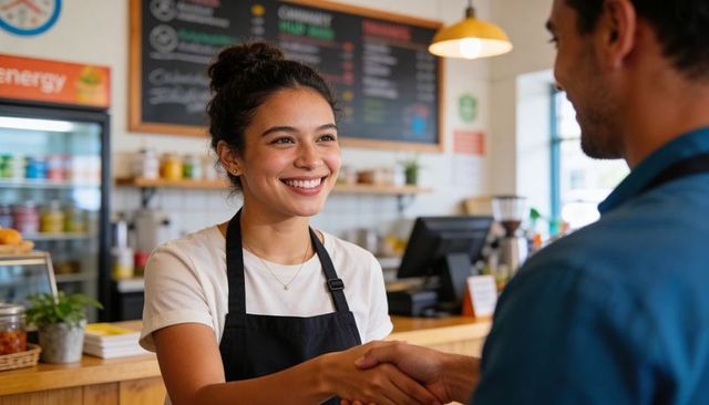 Smiling barista greeting customer with handshake at bright cafe counter, friendly service