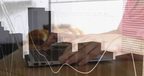 Typing hands with financial data overlay on laptop for remote work and analytics