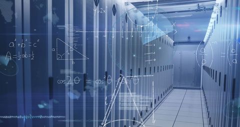 Digital Composite with Mathematical Equations in Server Room - Download Free Stock Images Pikwizard.com