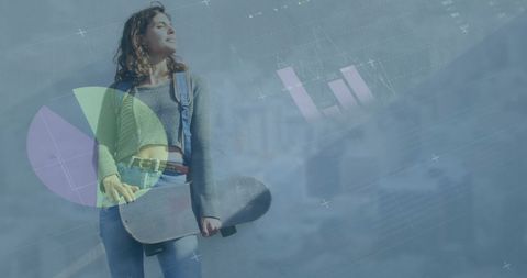 Woman with Skateboard in Futuristic Digital Data Environment