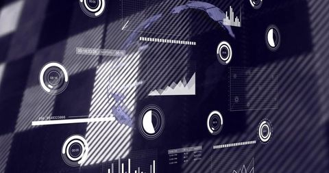 Hooded analyst interacting with transparent touchscreen data dashboard and floating gauges