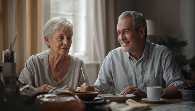 Senior couple enjoying sunlit breakfast at home sharing bread, coffee and conversation