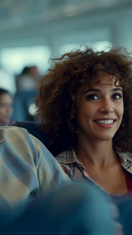 Vertical video of Hispanic woman turning and smiling toward companion in airport lounge