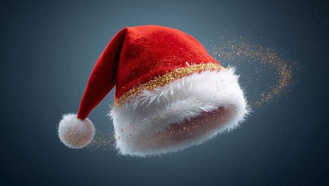 Floating Santa Hat with Gold Tinsel and Glitter Sparkle on Dark Blue Background