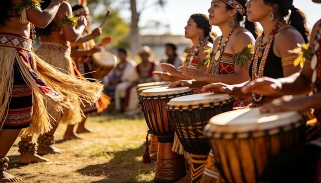 Traditional drummers performing at outdoor cultural festival with grass skirts, beadwork