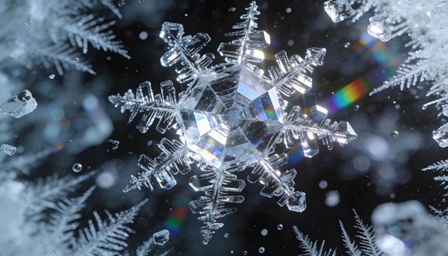 Macro snowflake crystal with hexagonal dendritic arms and iridescent prism refraction